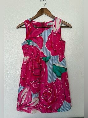 Vineyard Vines Girls Sz 12 Pink Floral Sleeveless Dress with Blue Stripe Accents